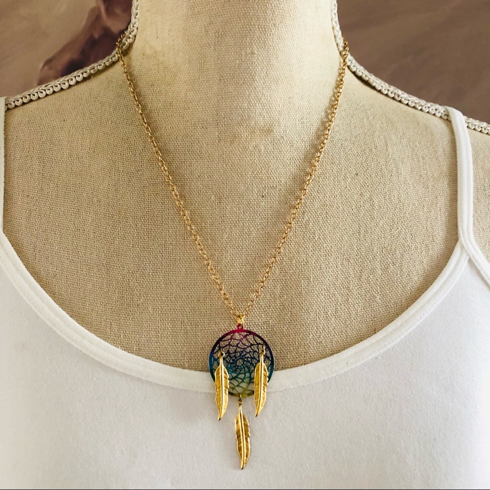 Rainbow metal dream catcher gold feather pendant on chain necklace